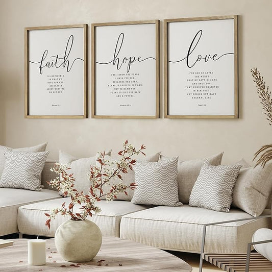 Houmury 3PCS Framed Faith Hope Love Bible Verses Wall Art Farmhouse Religious Quotes Wall Decor Inspirational Wall Art (Brown, 16"x24")