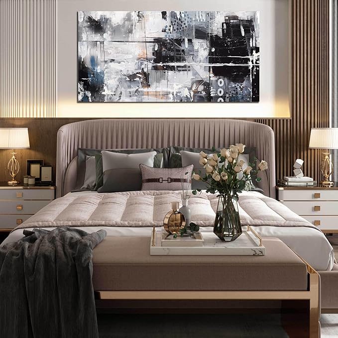 HUBOSKN Abstract Wall Art for Living Room Large Size - Black and White Canvas Wall Art for Office - Modern Art Wall Decor for Bedroom Size 29" x 59"