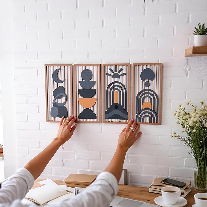 Blue Boho Wall Decor Set of 4, Abstract Blue Wall Art & Wall Decor Blue, Mid-Century Modern Aesthetic Artwork with Arch,Framed Wall Art - 3D Wooden Geometric Wall Sculpture for Bedroom Living Room Office (E)