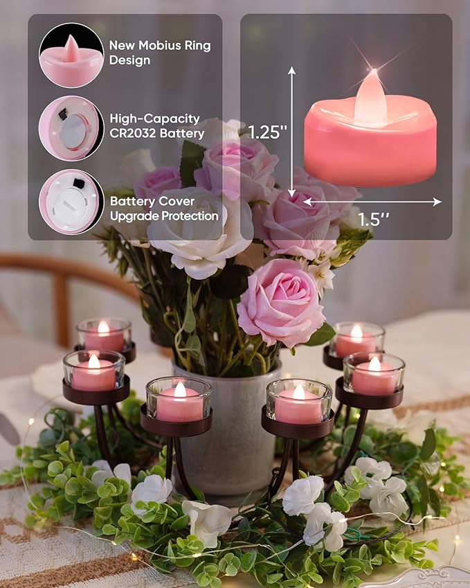 merrynights LED Candles, 24 Pack Tea Lights Candle Battery Operated, Flameless Tealight Votives, Realistic Tea Lights for Wedding Home Party Decor -D 1.5" x H 1.25" -Pink Light