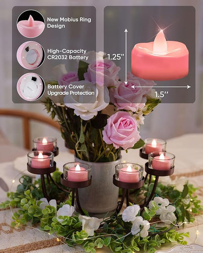 merrynights LED Candles, 24 Pack Tea Lights Candle Battery Operated, Flameless Tealight Votives, Realistic Tea Lights for Wedding Home Party Decor -D 1.5" x H 1.25" -Pink Light