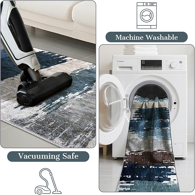 Modern Abstract 2x6 Runner Rug with Non-Slip Backing, Washable Soft Low Pile Runner Rugs for Hallway Kitchen Bedroom Entryway Laundry, Blue Grey
