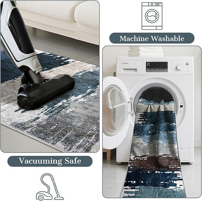 Modern Abstract 2x6 Runner Rug with Non-Slip Backing, Washable Soft Low Pile Runner Rugs for Hallway Kitchen Bedroom Entryway Laundry, Blue Grey