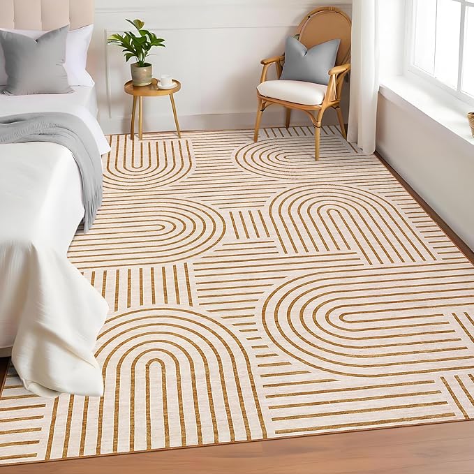 ROYHOME Washable Rug 6x9 Area Rugs for Living Room, Abstract Rug for Bedroom, Soft Rainbow Non Slip Throw Rugs with Rubber, Low Pile Stain Resistant Boho Geometric Carpet for Dining Room, Orange