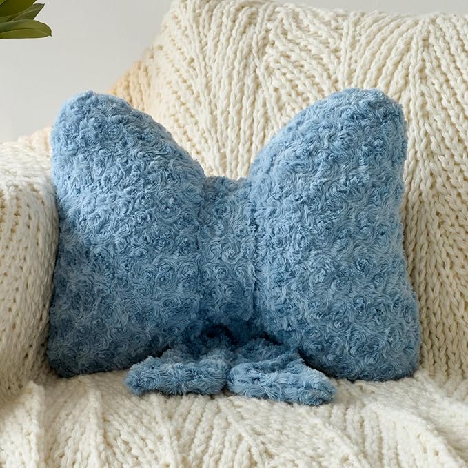 Bow Pillow, Decorative Bow Pillows with Soft Plush for Couch Bed, Bow Shaped Throw Pillow Room Decor for Bedroom, Bow Decorative Pillow for Living Room (Grey Blue, Large-16 Inches)