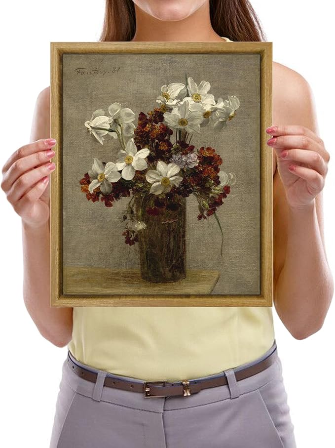 Pyradecor Vintage Wall Art Narcisses Flowers in Vase Artwork Retro Framed Wall Art Classical Floral Paintings Pictures for Living Room Bedroom Kitchen Decorations