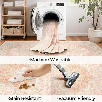 CAPALOCA Machine Washable Rugs Nursery Rug 5x7 Cute Girl Non Slip Low Pile Water Repellent Soft Print Pattern for Bedroom Indoor Decor Kids Playroom Pink Green