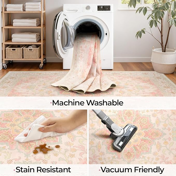 CAPALOCA Machine Washable Rugs Nursery Rug 9x12 Cute Girl Non Slip Low Pile Water Repellent Soft Print Pattern for Bedroom Indoor Decor Kids Playroom Pink Green