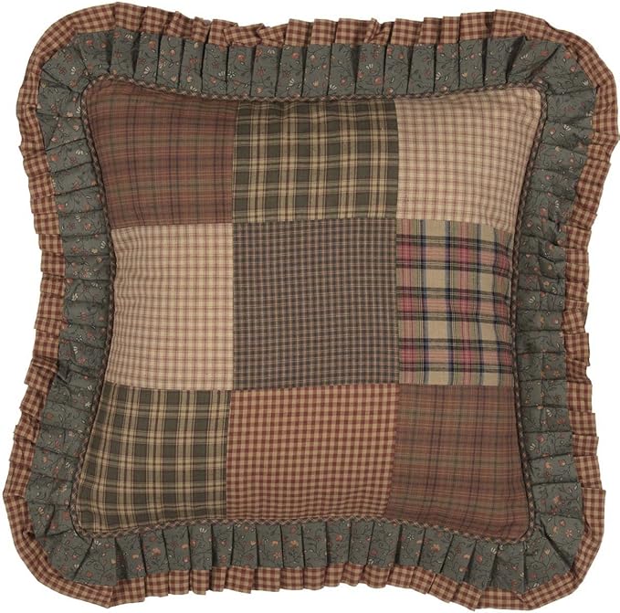 VHC Brands Primitive Bedding Cinnamon Plaid Cotton Patchwork Square Cover Insert Pillow, Dark Olive Green