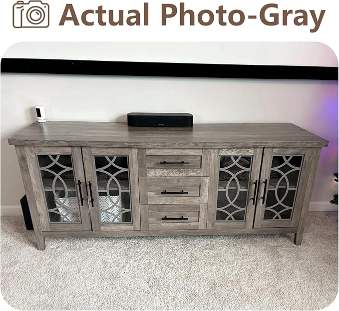 GarveeHome Farmhouse TV Stand with Glass Door for 70 Inch Tv, Mid Century Modern Entertainment Center for Living Room, Rustic Television Stands 2 Storage Door & 3 Drawer for Bedroom (Classic Gray)