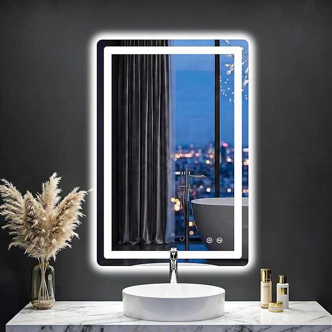 LED Bathroom Mirror with Lights - Anti-Fog, Dimmable, Backlit+Frontlit, 3 Color Light - 20"x30" Lighted Vanity Mirrors for Wall, Shatterproof Tempered Glass, Memory Function