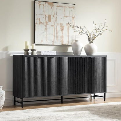 Fatmok 65" Buffet Cabinet with Storage, Fluted Credenza Sideboard with 4 Doors & Adjustable Shelves, Large Coffee Bar Console Table for Dining Room, Living Room, Entryway, Black Grey