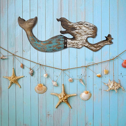 Veclotch Wood Mermaid Nautical Beach Wall Decor, Rustic Mermaid Wooden Hanging Coastal Wall Art Sculpture for Home, Lake House, Ocean Bathroom Decor, White,brown,aqua