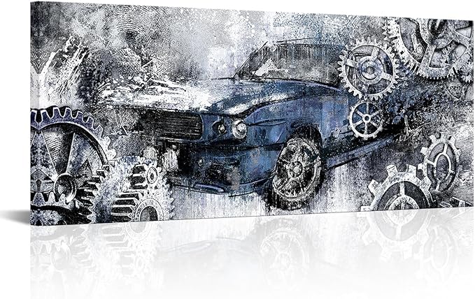 LevvArts Men Bedroom Wall Decor Vintage Car Painting Prints Industrial Steampunk Pictures Blue and Gray Artwork 20"x48"
