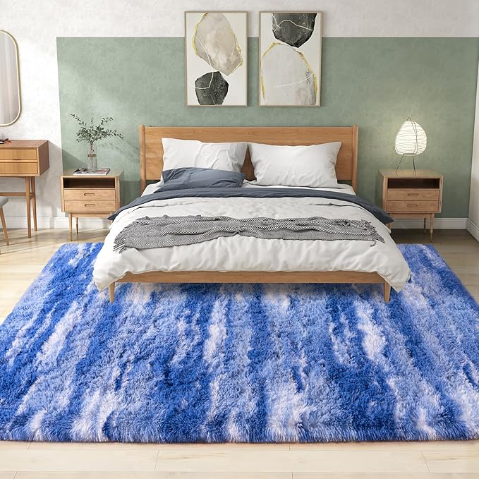 Shag Rugs for Living Room 6x9, Ultra Soft Abstract Blue Big Fuzzy Rugs for Bedroom, 6 x 9 Fluffy Shaggy Plush Carpet Girls Kids Room Dorm Upgrade Non-Slip