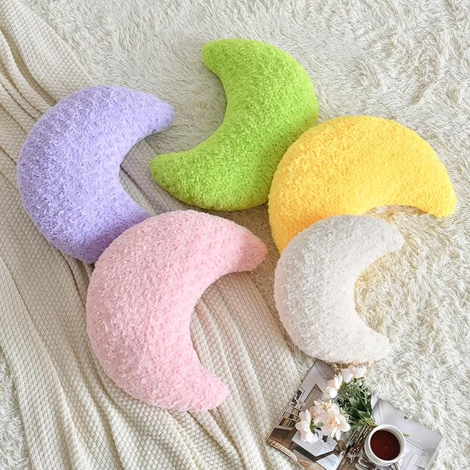 Moon Pillow, Decorative Throw Pillow with Soft Faux Fur for Couch Bed Sofa, Cute Half Moon Pillows with Room Decor for Bedroom Living Room (19 Inches, Pink)