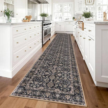 KUTA Vintage Washable Runner Rug 2.6x14, Non-Slip Brown Hallway Kitchen Rugs with Rubber Backing, Ultra Soft Printed Floral Extra Long 14ft Carpet Runners Indoor for Stairs