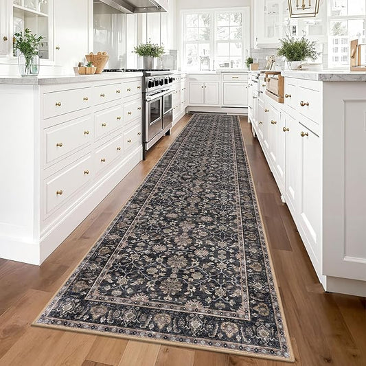 KUTA Vintage Washable Runner Rug 2.6x14, Non-Slip Brown Hallway Kitchen Rugs with Rubber Backing, Ultra Soft Printed Floral Extra Long 14ft Carpet Runners Indoor for Stairs