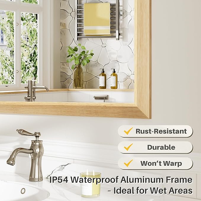 28x36 Inch Bathroom Mirror for Wall, Anti-Rust Oak Wood Grain Metal Framed Bathroom Mirrors for Over Sink,Rectangler Mirrors for Bathroom Vanity, Farmhouse, Bedroom, Living Room, Entryway Decor