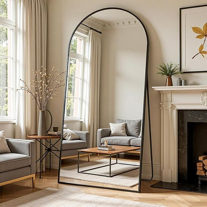 Arched Full Length Mirror 76 x 34 Inch, Full Body Mirror with Stand, Standing Hanging or Leaning Against Wall, Metal Frame Floor Mirror for Bedroom, Living Room, Cloakroom,Black