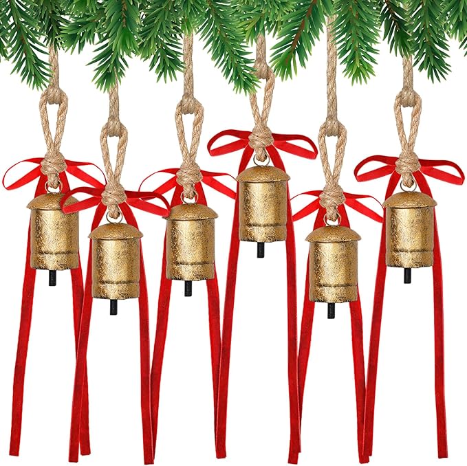 Suncalla 6 Pcs Rustic Gold Bells with 6 Pcs Red Velvet Bows Mini Handmade Hanging Ornament Decorative Antique Bells Velvet Bows for Xmas Tree Crafts Door Wreath Decoration DIY Party Supplies