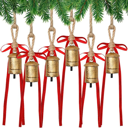 Suncalla 6 Pcs Rustic Gold Bells with 6 Pcs Red Velvet Bows Mini Handmade Hanging Ornament Decorative Antique Bells Velvet Bows for Xmas Tree Crafts Door Wreath Decoration DIY Party Supplies