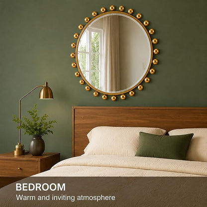 30 Inch Round Wall Mirror with Antique Gold Ball Frame, Beveled Decorative Round Accent Mirror, Vintage Gold Sunburst Style Mirror for Bedroom, Living Room, Entryway, Hallway & Wall Decor