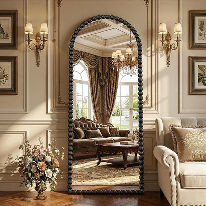 Antok 57" x 21" Arched Full Length Mirror, Antique Beaded Frame Floor Standing or Wall Mounted Mirror with Stand for Bedroom, Entryway, Black, Luxury Style