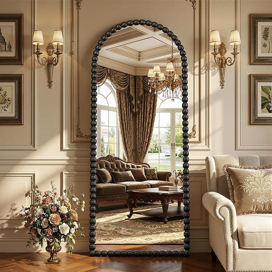 Antok 57" x 21" Arched Full Length Mirror, Antique Beaded Frame Floor Standing or Wall Mounted Mirror with Stand for Bedroom, Entryway, Black, Luxury Style