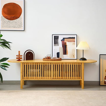 Bamboo TV Stand for TVs up to 65", Accent Entertainment Center with Storage, Media Console Table with Fence Door, Modern TV Stand for Living Room, Bedroom, 55"(L), Burlywood