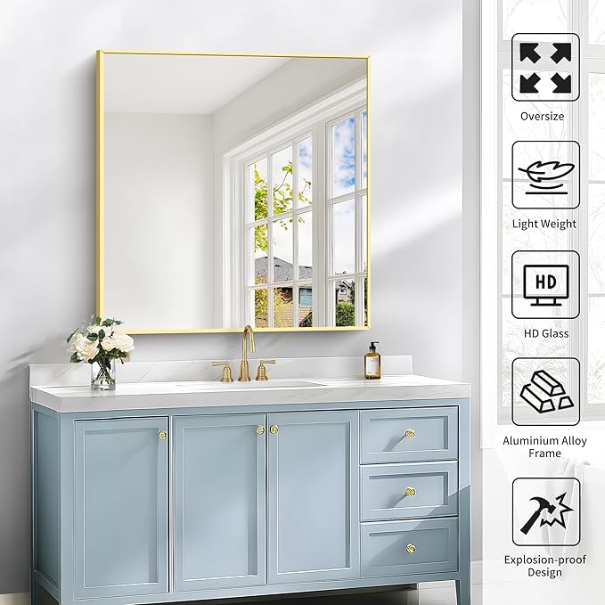 COFENY Gold Bathroom Mirror for Wall, 30x30 Inch Rectangle Mirrors with Metal Frame, Modern Vanity Wall Mirror Decor for Bathroom Living Room, Entryway Hangs Horizontal or Vertical