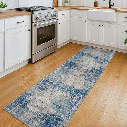 KILOCOCO Modern Abstract Runner Rug 2x6 ft Washable Hallway Runner Rug Non Slip Soft Pinted Kitchen Runners for Hallways Entryway Bedside Laundry Room Floor Runners, Blue/Grey/Beige