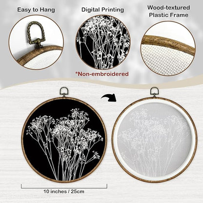 TLESKE Black Vintage Botanical Round Wall Art Decor Framed 10x10, Boho Fall Wildflower Floral Canvas Wall Art Prints Artwork, Rustic Wall Hanging Room Door Decor Decorations for Living Room Bedroom