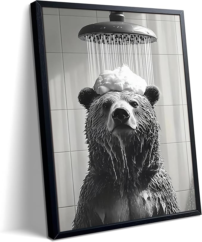 XYHYRA Funny Bear Bathroom Wall Art, Black and White Animal Shower Canvas Print Picture, Cute Bear Taking Bath Poster, Modern Farmhouse Bathroom Restroom Home Wall Decor 12x16 inch Wood Framed