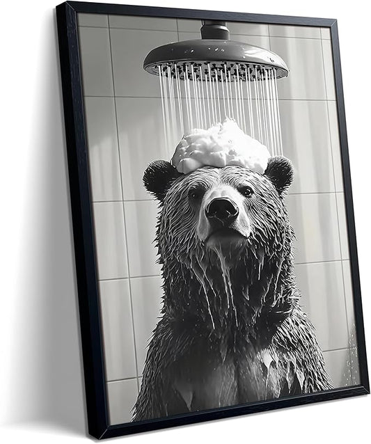 XYHYRA Funny Bear Bathroom Wall Art, Black and White Animal Shower Canvas Print Picture, Cute Bear Taking Bath Poster, Modern Farmhouse Bathroom Restroom Home Wall Decor 12x16 inch Wood Framed