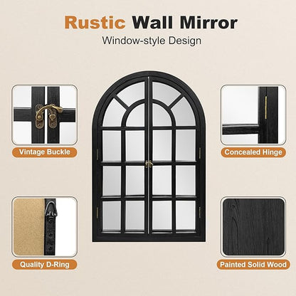 TRAHOME Arched Windowpane Mirror, 24"x36" Black Wood Frame Rustic Farmhouse Wall Mirror, Vintage Decorative Window Mirror for Living Room, Entryway, Bathroom