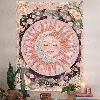 Neasow Sun Moon Daisy Tapestry, Boho Aesthetic Floral Wall Art, Pink Hippie Decor for Living Room Bedroom Home, Vertical 60x80 inches