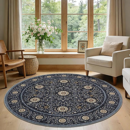 GarveeHome Boho Round Rugs 6ft for Living Room Non Slip, Vintage Botanical Circle Rug Washable Area Rug for Dining Room Stain Resistant, Low Pile Soft Blue Circular Carpet for Nursery Kitchen