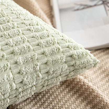 MIULEE Pack of 2 Spring Corduroy Decorative Euro Sham Throw Pillow Covers 24x24 Inch Soft Boho Striped Pillow Covers Modern Farmhouse Home Decor for Summer Sofa Living Room Couch Bed Light Green