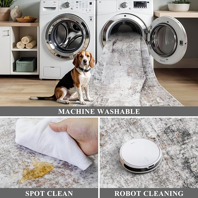 Long Runner Rug for Hallway 2x10 Ft - Non-Slip Washable Carpet Runner for Kitchen Hall Indoor Entryway, Bedroom, Living Room, Modern Abstract Low-Pile （Beige Grey）