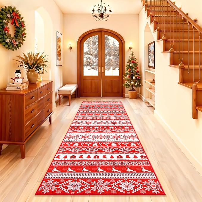 2x8 Hallway Runner Rug, Washable Non Slip Snowflake Print Design, Entryway Vintage Soft Kitchen Laundry Runner Rugs, Indoor Farmhouse Home Decor Carpet for Living Room Bedroom Dining Room, Red