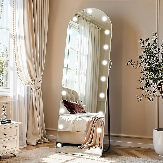 63"×20" Arched Hollywood Full Length Mirror, Standing/Leaning/Hanging Full Body Mirror with 19 Surrounding Lighted Bulbs, Floor Mirror with 3-Mode LED Lights for Bedroom and Living Room