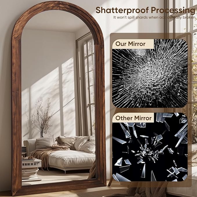 Full Length Mirror, 76"x34" Wooden Mirror Full Length with Stand Wood Floor Mirror, Oversized Stand Up Mirrors Large Wall Mirrors, Wall Mounted Mirrors, Arched Wood Style, Walnut