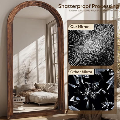 Full Length Mirror, 81"x41" Wooden Mirror Full Length with Stand Wood Floor Mirror, Oversized Stand Up Mirrors Large Wall Mirrors, Wall Mounted Mirrors, Arched Wood Style, Walnut