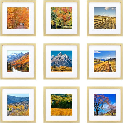 HEART ART 12x12 Gold Picture Frame Set of 9, Display Pictures 8x8 with Mat or 12 x 12 without Mat, Multi Collage Gallery Square Gold Photo Frames for Wall