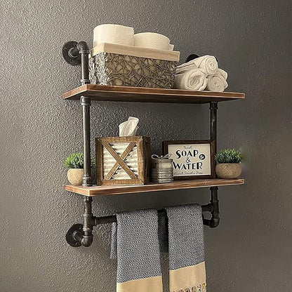 MBQQ Shelving Bathroom Pipe Shelves with Towel Bar Over Toilet, 24 inch Pine Wood Floating Shelves for Wall Mounted Bedroom,Kitchen, Farmhouse, Living Room