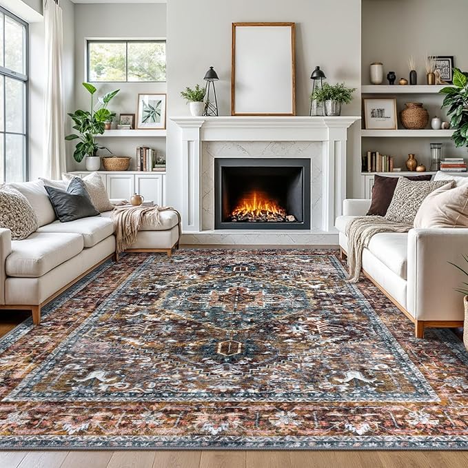 KOZYFLY Boho Area Rug 9x12 Ft Thin Rugs for Living Room Washable Bedroom Rug Non Slip Rugs Printed Faux Wool Vintage Bedroom Rug Floor Carpet for Dining Room Living Room, Brick Red/Orange/Green