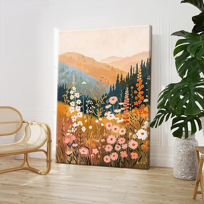 Framed Wildflower Mountain Landscape Wall Art Set of 3, Colorful Floral Wall Decor, Boho Sunset Landscape Canvas Artwork, Earth Tone Botanical Poster Prints for Living Room Bedroom 12x16 Inch