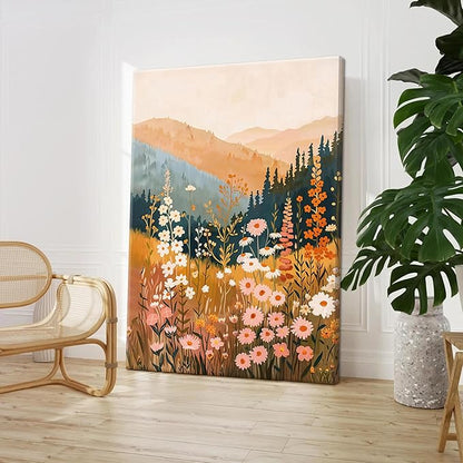 Framed Wildflower Mountain Landscape Wall Art Set of 3, Colorful Floral Wall Decor, Boho Sunset Landscape Canvas Artwork, Earth Tone Botanical Poster Prints for Living Room Bedroom 12x16 Inch