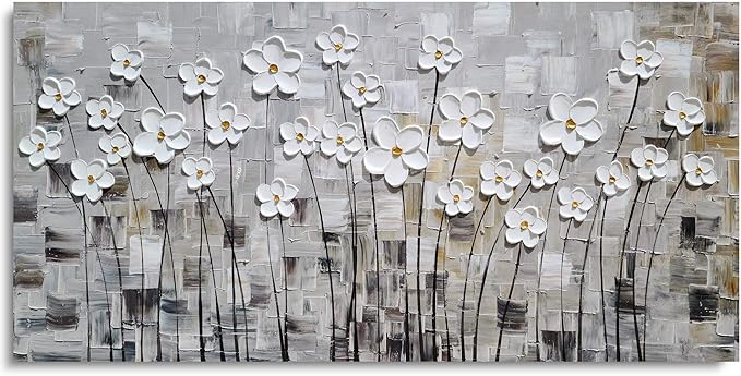 Yihui Arts Hand-Painted Textured White Floral Oil Painting on Canvas, Modern Gray Abstract Background Wall Art for Living Room Bedroom, Thick Textured Floral Decor